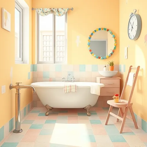 A colorful digital artwork depicting a charming, partially renovated small bathroom with a playful, inviting atmosphere. The scene features a cozy ceramic tiled floor in soft pastel shades, accented by quirky mismatched vintage tiles for whimsical charm. Modern fixtures include a shiny chrome faucet, a retro-styled freestanding bathtub with steam bubbles curling upward, and a floating vanity topped with a vibrant mosaic mirror reflecting warm natural light. On the vanity, there is a tiny potted succulent or cactus and a quirky cartoon-shaped soap dispenser, adding personality. The background shows an exposed wall with visible plumbing and drywall patches, hinting at ongoing remodeling, with playful paint smears suggesting active transformation. Nearby, a paint-splattered step ladder or stool enhances the artistic, lived-in feel. A cheerful vintage clock hangs on the wall, implying planning and budgeting, while natural light streams through an open window with a patterned curtain, casting soft shadows. The warm yellow, soft pink, and soothing teal color palette creates an uplifting mood, capturing the essence of small-scale bathroom renovation with creative flair and fun details in crisp digital art style.