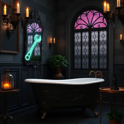 A gothic-inspired bathroom scene featuring elaborate dark wrought-iron fixtures and sleek matte-black tiles illuminated by flickering candlelight. Vintage chandeliers with intricate lace-like metalwork hang from distressed stone walls, casting dancing shadows. An ornate clawfoot bathtub with detailed carvings sits beside a twisted, vine-framed mirror reflecting a faint enchanted glow. Floating Victorian-style tools, like a glowing wrench and shimmering paintbrush, suggest a quick, magical renovation. Lush, deep emerald plants with thorny vines intertwine with gothic architecture. A grand arched stained-glass window in deep purple, midnight blue, and crimson casts prismatic light across the space. The environment blends timeless gothic elegance with playful, enchanting chaos, emphasizing intricate gothic detailing, mysterious darkness, and a whimsical magic theme.