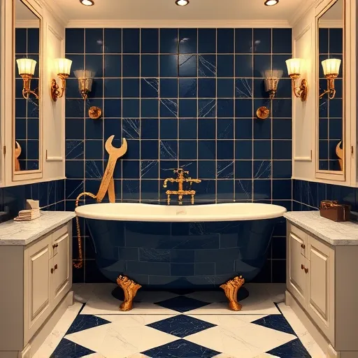 A stylish Art Deco bathroom scene featuring bold geometric shapes, symmetrical lines, and luxurious accents. The vintage bathtub with gold fixtures is centered, framed by angular marble countertops and inlaid patterned cabinets. Artistic elements symbolize labor costs, including stylized vintage measuring tapes and ledger-like tile designs. Elegant, exaggerated tools with ornate handles—wrenches and screwdrivers—lean against the vanity, adding craftsmanship flair. The background showcases a geometric mosaic wall with shimmering metallic accents in deep navy, brass, and cream, evoking timeless luxury. Opulent sconces with starburst motifs cast warm light, while small stylized coins and gold bars embedded in tiles subtly represent costs and investment. The palette of navy, gold, beige, and brass enhances a tone of regal elegance combined with playful personality, ideal for a blog cover on bathroom remodeling and fiscal mindfulness.