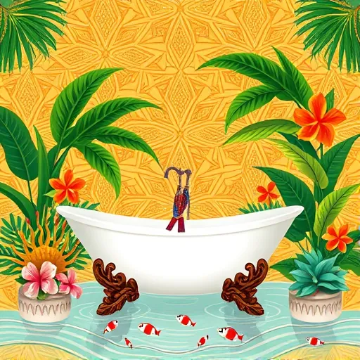 A vibrant, luxurious bathroom remodeling scene inspired by Singer Island, Florida, depicted in a Traditional African Art style. The composition features intricate geometric patterns and bold lines in warm golds, deep oranges, lush greens, turquoise, and coral, creating a lively coastal atmosphere. The centerpiece showcases a sleek modern bathtub with ornate, hand-carved wooden supports reminiscent of tribal craftsmanship. Surrounding the tub are stylized tropical foliage including palm leaves, hibiscus flowers, and schefflera, intertwined with water motifs such as stylized waves and shimmering ripples. Playful details include tiny abstract fish with exaggerated smiles swimming through the water and vibrant-feathered birds perched on fixtures, adding whimsy. Subtle motifs of seashells, coral, and sun disks enhance the tropical coastal vibe. The scene exudes a serene yet lively coastal retreat, blending traditional African patterns with contemporary design through bold outlines, textured shading, and symmetrical motifs, evoking a mood of relaxed luxury and natural beauty ideal for a blog cover showcasing African-inspired bathroom remodeling.