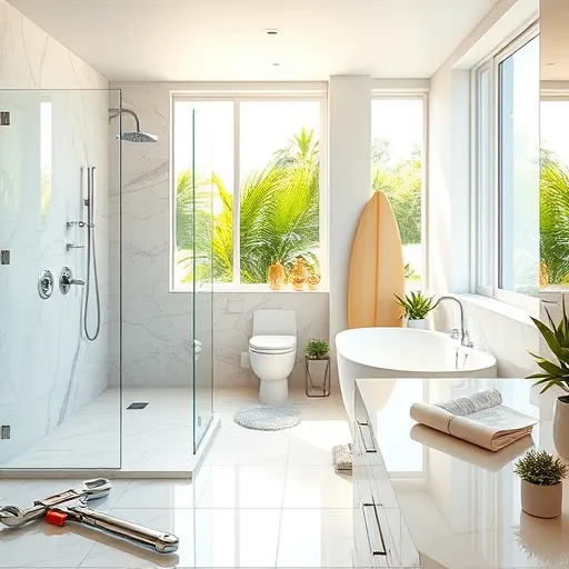 A highly detailed, ultra-realistic image of expert bathroom remodelers in West Palm Beach, Florida, showcasing a modern, spa-inspired bathroom renovation. The scene features a spacious walk-in shower with glass doors, elegant marble tiles with subtle ocean-inspired veining, and polished chrome fixtures reflecting soft natural sunlight from large windows. A contemporary freestanding bathtub with gentle bubbles suggests relaxation, with lush tropical greenery visible outside to emphasize the Floridian climate. Scattered tools, including a shiny wrench, silicone caulk gun, and an open blueprint, highlight craftsmanship. Decorative elements such as a small surfboard leaning against the wall and vibrant potted plants add tropical charm. The color palette includes calming beiges, crisp whites, and ocean blues, enhancing the sophisticated yet breezy West Palm Beach vibe. The image captures every reflective surface, textured tile, and gleaming fixture, blending professionalism with inviting coastal charm.