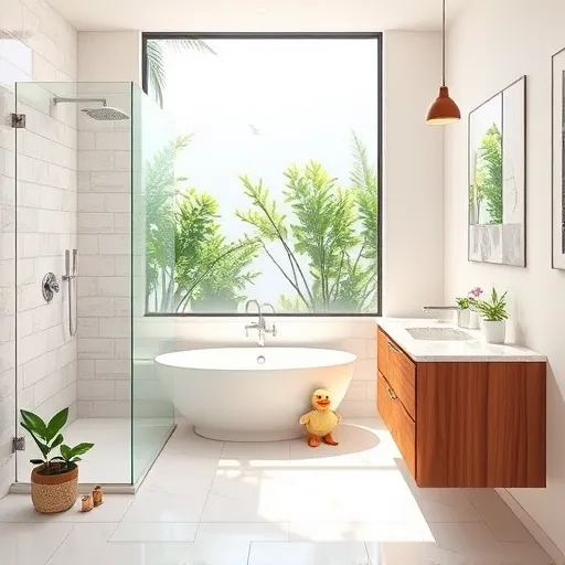 A realistic depiction of a modern, professionally renovated bathroom in Wellington, FL, featuring high-end fixtures and tropical-inspired design elements. The scene includes a spacious glass-enclosed shower with shimmering, textured tiles; a sleek, freestanding bathtub with elegant curves and a quirky rubber duck inside; and polished chrome faucets reflecting soft natural light. A beautifully crafted wooden vanity with a marble countertop is positioned below a large frosted window overlooking lush Florida greenery. The bathroom walls are painted in calming pastel shades with subtle ocean and coral motifs, enhancing the tranquil atmosphere. Decorative touches such as potted plants, a vintage soap dish, and small personal objects add personality. The space showcases attention to detail with visible tools and neatly organized equipment nearby, emphasizing craftsmanship and reliability. The realistic texture details highlight glossy ceramic tiles, intricate wood grain, and smooth surfaces, using a balanced palette of soft neutrals, warm wood tones, and cool blues and greens. The overall mood conveys professionalism, trust, and inviting comfort with charming, personalized accents.