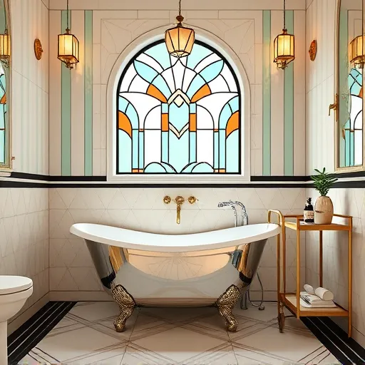 A luxurious modern bathroom interior featuring a sleek vanity with vintage-inspired gold accents and angular design. The background displays Miami Art Deco-style geometric tiles in soft pastel hues of mint green, blush pink, and cream, outlined with bold black lines. A clawfoot bathtub with ornate brass detailing sits beneath a large, tiered stained-glass window showcasing Art Deco geometric patterns, casting warm, colorful light. Streamlined, retro-inspired lighting fixtures with geometric shapes provide a soft glow. Decorative details include a vintage bar cart with sleek handles, art deco-shaped soap dispensers, and a small potted plant with fan-shaped leaves, all evoking timeless opulence and modern sophistication with a vibrant Art Deco aesthetic.