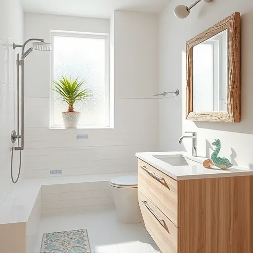 A hyper-realistic image of a stylish, affordable bathroom remodel in Lantana, Florida, showcasing a bright and inviting space with coastal charm. The modern bathroom features sleek white tiled walls with subtle blue accents resembling ocean waves and a minimalist light wood vanity. A contemporary mirror framed in reclaimed driftwood adds a natural, beachy touch. Soft sunlight filters through a frosted window, casting warm natural light across the room. Coastal decor elements include a potted palm plant on the windowsill, small seashell decorations on the countertop, a colorful shoreline-patterned bathmat, and a vintage-inspired seahorse-shaped soap dispenser. The color palette includes white, soft blues, sandy beiges, and seafoam green, creating a tranquil and fresh ambiance. Textures of tiles, wood grains, and sunlight reflections are meticulously detailed, emphasizing comfort, practicality, and coastal elegance, perfect for illustrating a budget-friendly bathroom upgrade with seaside appeal.