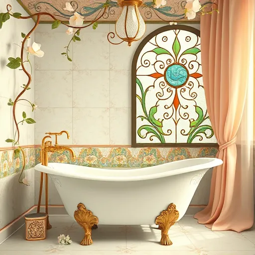 A whimsical, artistic depiction of a luxurious Art Nouveau-style bathroom remodeling scene featuring flowing lines and elegant organic shapes. The image shows an ornate vintage bathtub decorated with intricate floral patterns, curling vines, and gilded fixtures, all rendered in soft pastel hues of mint green, peach, and blush pink. Surrounding the tub are stylized botanical elements such as elongated leaves and blossoms with sinuous stems that reach toward a decorated ceiling adorned with swirling motifs and delicate forget-me-not flowers. A small, ornate vanity mirror reflects abstract, colorful water patterns, symbolizing transformation and renewal. The background includes a wall with intricate mosaic patterns resembling water droplets and leaves, seamlessly blending with flowing curtains and decorative tiles accented with subtle gold details to evoke understated luxury. An ornate stained-glass window with swirling, nature-inspired designs casts colorful, dappled light across the scene, capturing the creative elegance and fluid organic forms characteristic of the Art Nouveau style—perfect for illustrating detailed bathroom renovations and upscale remodeling projects.