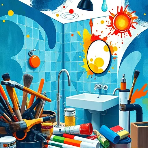 An expressive, colorful artwork depicting a bathroom remodeling contractor's workspace in an abstract style. The scene features bold brushstrokes and energetic lines illustrating tools such as hammers, paintbrushes, tiling trowels, and plumbing fixtures floating amid swirling shapes that evoke movement and craftsmanship. In the background, an unfinished bathroom showcases stylized, angular tiles in vivid blue hues accented with bursts of orange and yellow, symbolizing renovation creativity. Playful details include a cartoon-like faucet with a mischievous smile and a watercolor splash-shaped mirror reflecting a subtle wink, adding personality without human figures. The cluttered worksite contains scattered paint cans, rolled-up blueprints, and whimsical light fixtures resembling sunbursts, all conveying a lively, chaotic, yet optimistic atmosphere. The color palette emphasizes bold, saturated tones—electric blues, fiery oranges, sunny yellows, and deep greens—enhancing the artwork's dynamic and spirited mood. This artistic depiction celebrates the energy and creativity involved in bathroom remodeling through an expressive and lively visual style.
