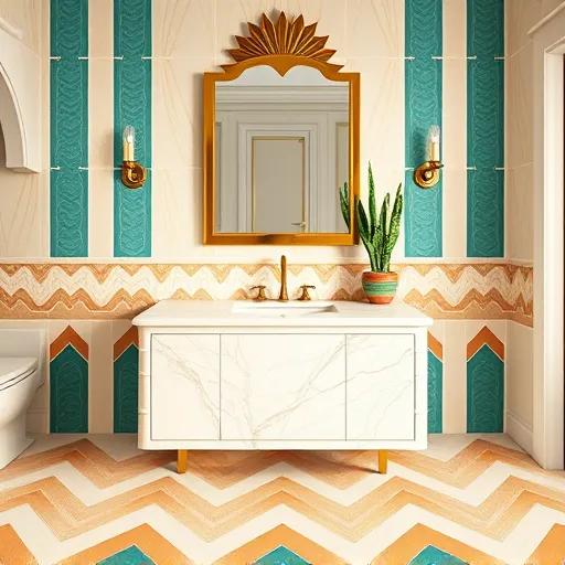 An elegant Art Deco bathroom scene showcasing luxurious design elements, perfect for top-rated Greenacres, Florida remodeling. The image features sleek geometric lines, polished marble vanity with a vintage gold faucet, and symmetrical decorative tiling in bold teal, warm gold, and creamy beige patterns on the walls and floor. A large ornate sunburst mirror with a gold frame reflects soft ambient lighting from vintage-style sconces with Art Deco motifs. Stylish details include a small cacti pot atop the vanity, representing Florida’s desert flora, and a colorful geometric soap dispenser adding playful personality. Tropical accents such as lush ferns and vibrant orchids enhance the Florida atmosphere. The scene exudes sophistication and vibrancy with a palette of shimmering golds, elegant teals, soft creams, and hints of coral, highlighting timeless luxury and vibrant Florida charm in a polished, creative, and inviting bathroom design.