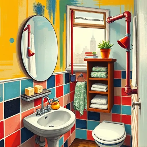 A vibrant, expressive ArtBrut-style illustration of a tiny home's bathroom renovation showcasing creative space-saving solutions. The scene features bold, jagged brushstrokes and raw, unpolished aesthetics with exaggerated proportions emphasizing compactness. It includes a tiny vintage sink with whimsical patterns, a stacked ladder bookshelf serving as storage, and an oversized, uneven-edged mirror reflecting abstract glimpses of the room. Floating soap bars and towels with swirling textures add tactile, playful elements. A tiny potted succulent with exaggerated leaves sits on a rugged windowsill overlooking a simplified cityscape, adding urban charm. The background displays mismatched tiles, colorful patches of paint, and exposed pipes rendered with wild, energetic lines, conveying resourcefulness and charm. Light streams through a small, irregular skylight, casting dramatic shadows that create a cozy, intimate atmosphere. The palette features vivid reds, deep blues, and sunny yellows, heightening the lively, inventive mood. Tiny details like a rubber duck on a shelf and a whimsical, abstract plant enhance the quirky personality. Overall, the illustration captures the unconventional beauty and resourcefulness of tiny bathroom transformations with the emotional intensity and spontaneity characteristic of ArtBrut.