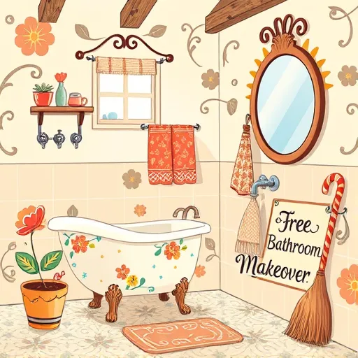 A colorful folk art-inspired illustration of a cheerful, whimsical bathroom setting featuring bold patterns and handcrafted details. The scene includes a rounded clawfoot tub with vibrant floral tiles, a quirky zigzag-patterned sink, and vintage-style faucets with curly accents. Bright towels with star and heart motifs hang on a rustic wooden rack, while a sunburst-framed mirror reflects sunlight that illuminates textured wooden beams and patterned tile flooring. Playful touches include a smiling potted plant, a candy-cane-shaped broom, and a hand-drawn sign reading “Free Bathroom Makeover.” The overall atmosphere is cozy, inviting, and community-oriented, with soft pastel shades accented by cheerful reds, greens, and blues, emphasizing a friendly, handcrafted aesthetic perfect for promoting free renovation services.
