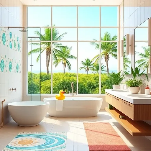 A vibrant digital art depiction of a modern, luxurious bathroom interior inspired by Florida's coastal charm. The scene features sleek, contemporary fixtures including a freestanding soaking tub adorned with intricate tile patterns and a floating rubber duck toy. A frameless glass shower showcases tropical motifs, while stylish floating vanities topped with lush green plants in decorative pots add sophistication. Large ocean-inspired windows flood the space with natural light, highlighting colorful mosaic tiles featuring sun, wave, and palm leaf patterns that evoke a relaxed, tropical vibe. Whimsical touches like a flamingo-shaped soap dispenser enhance the playful atmosphere. Outside the window, a lush garden with swaying palm trees and a clear blue sky creates a serene outdoor backdrop. The warm color palette includes turquoise, coral, sandy beige, lush greens, and bright whites, emphasizing elegance and island spirit. The scene celebrates high-quality bathroom remodeling, blending luxury, functionality, and Florida's sunny laid-back style—all without human figures.