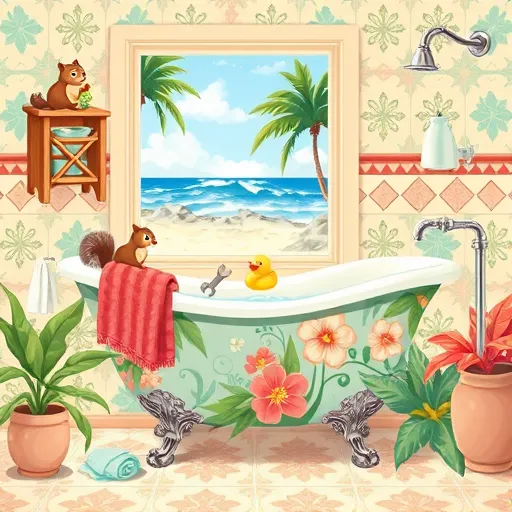 A vibrant vintage-inspired bathroom illustration featuring an ornate clawfoot bathtub with floral patterns, set in a sunlit coastal environment. The scene includes lush tropical plants around the tub, a window showcasing a beachfront view with gentle waves and swaying palm trees. A wooden ladder functioning as a towel rack holds colorful, textured towels. Antique-style plumbing fixtures with gleaming details suggest craftsmanship and quality. Quirky touches include a playful squirrel clutching a tiny wrench on a corner shelf and a whimsical rubber duck floating in the bath, adding personality. The walls are decorated with patterned vintage motifs in soft pastel hues of turquoise, coral, sandy beige, and terracotta, creating a cheerful, beachy atmosphere. The art reflects the Arts and Crafts movement with bold lines, stylized natural motifs, and textured handcrafted details like hand-carved wood accents and ornate faucet handles. Overall, the illustration combines professionalism with playful charm, emphasizing trustworthiness and high-quality bathroom craftsmanship for trusted contractors in Delray Beach, FL.