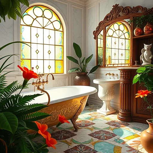 A detailed, sunlit bathroom scene in Palm Beach, Florida, showcasing a luxurious remodel inspired by the Pre-Raphaelite Brotherhood. In the foreground, ornate vintage fixtures include a clawfoot bathtub with swirling engravings and a mosaic-tiled floor in vibrant turquoise, coral, and gold. Lush botanical elements such as ferns, hibiscus flowers, and twisting vines adorn the space, rendered with delicate patterns and rich colors reflecting tropical surroundings. Playful creatures like a hummingbird near a vintage-style faucet and a curious fox peeking from behind a carved wooden cabinet add whimsical charm. The background features an elaborate stained-glass window casting shimmering jewel-toned light—amber, sapphire, emerald—onto marble walls and brass fixtures, emphasizing Palm Beach’s sunny luxury. Decorative touches include an intricate soapstone mermaid sculpture entwined with coral patterns and vintage botanical engravings framing the scene. Soft, luminous colors, flowing lines, and detailed textures evoke a romantic, tranquil atmosphere blending natural beauty, artisanal craftsmanship, and tropical elegance, creating a regal yet playful visual celebrating artistic bathroom renovation.