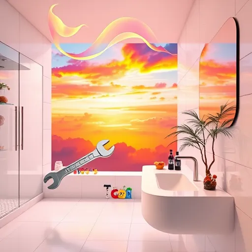 A vibrant, imaginative illustration of quick bathroom remodeling services in Wellington, Florida, featuring a modern bathroom with white tiled walls, shimmering glass fixtures, and warm ambient lighting. Surreal, playful elements include a giant, smiling wrench and a tiny, animated bathroom sink mid-flip, highlighting speed and lively energy. Cheerful, colorful tools with expressive faces are arranged along the countertop, and a miniature stylized palm tree grows from a tiled corner, referencing Wellington’s tropical environment. The background displays a dreamy sky blending sunset orange, teal, and lavender hues, while translucent ribbon-like shapes float above to symbolize swift, seamless transformation. The bold, rich colors and intricate textures blend realism with fantastical details, creating a whimsical, optimistic scene that conveys efficient bathroom upgrades in a lush, tropical setting.
