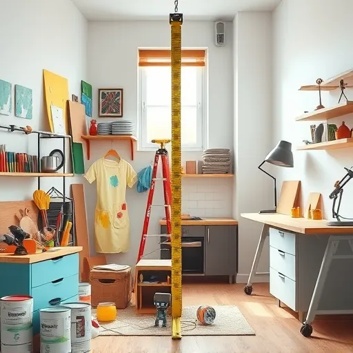 A vibrant split-room scene contrasting DIY and professional remodeling approaches. On the DIY side, a cluttered workspace features colorful tools like paintbrushes, a hammer, screwdriver, measuring tape, and a paint-splattered apron hanging on a hook. Partially painted pastel walls and unfinished furniture highlight hands-on craftsmanship, complemented by a creative workbench with paint cans, sketches, and quirky household items. A playful robot handyman adds humor. On the professional side, a sleek, organized studio displays high-end tools, pristine surfaces, modern equipment, and a confident contractor silhouette, emphasizing efficiency and expertise. Natural light from a window illuminates the scene, with visual cues like a tape measure and balance scales symbolizing cost comparison—affordability versus polished perfection. The overall style is realistic with exaggerated details, warm earthy tones balanced with cool shades, capturing an engaging, lively atmosphere that reflects the effort and expertise involved in DIY versus professional remodeling.