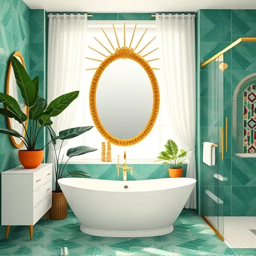 A vibrant Art Deco-inspired bathroom scene illustrating Palm Beach Gardens' latest regional design trends. The luxurious space features sleek, geometric tile patterns in emerald green, gold, and alabaster, reflecting Riviera-era opulence. A freestanding bathtub with curved chrome fixtures sits beneath an ornate, gold-framed sunburst mirror, radiating sophistication. Large windows draped with sheer white curtains allow abundant sunlight, highlighting the tropical seaside vibe. Decorative terracotta pots with lush monstera and palm plants contrast with the refined Art Deco lines. Quirky accents include a vintage-inspired zigzag-patterned vanity and a geometric shower enclosure adorned with colorful mosaic tiles, creating a playful yet luxurious atmosphere. The color palette combines rich emerald greens, shimmering golds, crisp whites, and subtle pastel hues with coral and turquoise accents. Warm, gilded lighting fixtures enhance the sun-drenched, glamorous ambiance, celebrating upscale, modern comfort infused with classic elegance.