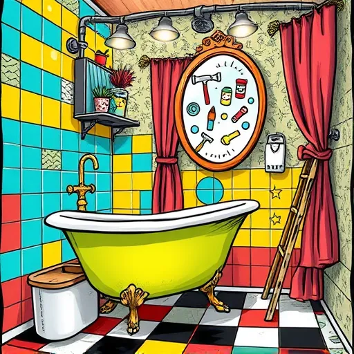 A whimsical, colorful illustration of a small bathroom in the ArtBrut style, featuring exaggerated bold lines and vibrant contrasting colors. The scene shows mismatched tiled walls in bright turquoise, cheerful yellow, and deep coral, creating an eclectic atmosphere. A vintage clawfoot bathtub with exaggerated curves is painted lime green and decorated with playful doodles of bubbles and stars. An oversized, wobbly-edged mirror reflects stylized floating tools such as a hammer, wrench, and paintbrush, giving a sense of animation. The cluttered space includes a leaning shelf with smiling potted succulents, a small ladder with unevenly stacked paint cans, and a playful showerhead dripping star-shaped water droplets. Uneven lighting fixtures cast a warm, irregular glow, highlighting the quirky charm. The background features textured wallpaper, ragged curtains, and exaggerated plumbing pipes with twists and turns. The overall scene captures a lively, chaotic, and humorously creative bathroom transformation, characterized by cheerful colors like yellows, blues, pinks, and oranges, with an expressive, handmade ArtBrut aesthetic.