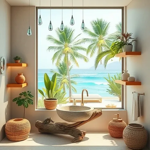 A tranquil, eco-friendly bathroom in Riviera Beach, Florida, depicted in a vibrant ConceptualArt style with pastel greens, soft aquas, sandy beiges, and coral accents. The minimalist bathroom features natural elements such as a stone sink carved from driftwood, lush hanging plants on floating shelves, and a large window revealing turquoise waters and swaying palm trees. Stylized, shimmering water droplets hover above, symbolizing purity and sustainability. Playful details include a small turtle peeking from a pot, a conch-shaped soap dispenser, and wall tiles decorated with seashells and waves. The background hints at a tropical outdoor patio with lush foliage and a sandy beach nearby. Warm light filters through, casting gentle shadows that evoke calm and freshness. Rustic accents like woven baskets and recycled glass jars enhance the earthy feel, while whimsical art lines add a creative, conceptual touch. The scene blends practicality with artistic imagination, presenting an eco-conscious bathroom that combines coastal charm, sustainability, and playful personality.
