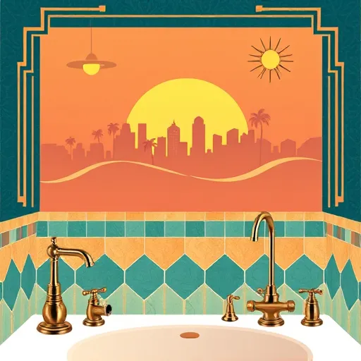 An elegant Art Deco-inspired illustration of trusted bathroom contractors in Parkland, FL, featuring a luxurious modern bathroom with geometric tile patterns in gold, teal, and blush pink. The scene highlights stylized tools such as a polished wrench with a bowtie, vintage faucet, and ornate plumbing fixtures with whimsical motifs. The background showcases a stylized Parkland skyline with palm trees and graceful curves, set against a sunset gradient of amber, coral, and charcoal. Overhead geometric light fixtures cast a warm glow, while decorative borders and sunburst motifs add personality, emphasizing craftsmanship, reliability, and timeless glamour in bathroom renovation.