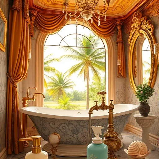 A luxurious Baroque-inspired bathroom scene showcasing high-end remodeling services near Palm Beach, Florida. The image features an ornate marble bathtub with intricate floral and scrollwork carvings, set within a sunlit spa chamber. Surrounding the tub are gilded vintage faucets and shimmering mosaic tiles reflecting warm golden hues from the late afternoon sun. Elegant drapery with tassels hangs from an arched window overlooking palm trees swaying outside, emphasizing the tropical Florida setting. A grand rococo-style gilded mirror captures soft ambient lighting, while tiny cherub statues atop vintage soap dispensers add playful regal accents. Rich color tones—golden ochre, emerald green, and royal blue—imbue the scene with warmth and sophistication. The background displays a baroque ceiling with elaborate stucco work and a shimmering chandelier, highlighting craftsmanship and grandeur. Small details like a seashell-shaped soap dish and a potted miniature palm tree enhance the coastal Florida theme. The overall composition exudes refined elegance with a playful twist, illustrating premium bathroom remodeling services with a distinctive Florida flair, rendered in a detailed, textured Baroque art style.
