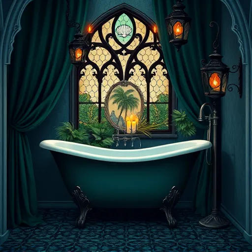 A detailed Gothic-style bathroom scene set in Lake Worth Beach, Florida, featuring a vintage clawfoot bathtub draped in dark velvet curtains, surrounded by ornate wrought-iron fixtures with intricate scrollwork. Tropical plants like palms and ferns add a Florida touch, while Gothic stained glass windows depict seashells and waves, emphasizing coastal inspiration. Elegant pointed arches frame the scene underneath Gothic chandeliers with flickering candle-like flames casting dramatic shadows. An ornate mirror with twisted vine borders and a vintage lantern emitting a warm glow enhance the mysterious, opulent atmosphere. The textured mosaic floor with dark blue and shimmering tiles reflects the candlelight, blending Gothic elegance with beachside charm and coastal mystique in a sophisticated bathroom remodeling design.