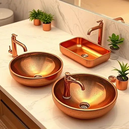 A hyperrealistic image showcasing a selection of copper bathroom sinks on a modern countertop against a luxurious marble backdrop. The sinks feature various finishes and textures, including a highly polished mirror-like copper sink reflecting soft ambient lighting, and an antiqued copper sink with a charming patina. Water droplets and tiny ripples on the surfaces enhance realism, highlighting the sinks' textures. Playful accessories, such as a miniature vintage-inspired copper faucet shaped like an animal and an ornate copper figurine, add personality and whimsy to the scene. The warm, golden lighting creates a cozy, inviting atmosphere that accentuates the rich reddish-brown tones of the copper. The background features a minimalist bathroom setting with clean lines, subtle greenery from small potted plants, and a luxurious marble countertop, emphasizing elegance and modernity. Every detail, from brushed textures to intricate reflections, showcases the beauty and variety of copper bathroom sinks in a visually captivating and sophisticated manner.