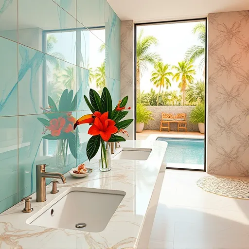 A vibrant conceptual art depiction of a bathroom renovation package in Royal Palm Beach, Florida, emphasizing tropical charm and fresh transformation. The modern bathroom features polished marble countertops with tropical foliage motifs, translucent glass tiles reflecting sunlight, and floating vanity units with organic, fluid curves. Decorative accents include a ceramic toucan perched on a vase of bright hibiscus flowers, tiny flamingo soap dishes, and colorful mosaic tiles in playful patterns. Through an open window, local palm trees and lush tropical greenery are visible, suggesting an outdoor connection with a sunlit backyard and shimmering swimming pool. The scene is bathed in soft, warm lighting, creating an inviting atmosphere that blends contemporary elegance with Florida’s lively personality. The color palette includes turquoise, coral, lush green, and sandy beige, evoking warmth, freshness, and tropical allure. Rendered in a 'ConceptualArt' style, the image features layered shapes, abstract forms, and a surreal touch, inspiring imagination for bathroom upgrades without human figures, but rich in personality and regional vibrancy.