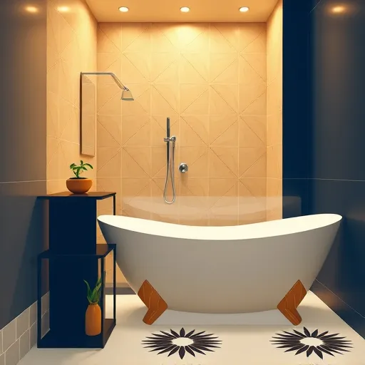 An elegant Art Deco-inspired modern bathroom featuring a focus on grab bar installation. The spacious interior showcases geometric patterned tiled walls with bold lines and symmetrical design. A polished chrome grab bar is mounted beside a stylish glass shower door, highlighting safety and functionality. Warm ambient lighting casts a soft glow over the scene, blending gold and deep navy tones to create a calm, inviting atmosphere. In the foreground, vintage-style decorative accessories include an ornate soap dish and a curved bathtub with decorative facets, adding a touch of luxury. Quirky details such as a small potted plant with stylized leaves on a geometric shelf and a mosaic floor with sunburst motifs enhance the scene’s artistic flair. The composition’s angular lines and bold shapes evoke 1920s glamor reimagined with contemporary minimalism, emphasizing stylish safety solutions in a sophisticated setting. The color palette features rich golds, deep navy blues, crisp whites, and hints of emerald green, conveying timeless elegance suitable for an informative blog cover about bathroom safety upgrades.