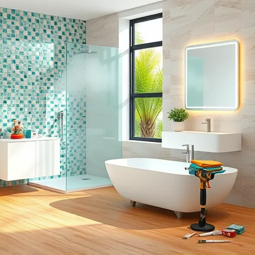 A vibrant digital art image of a modern bathroom undergoing remodeling featuring a stylish, freestanding soaking tub with steam rising, next to a large frameless glass shower with shimmering teal and sandy beige mosaic tiles. The minimalist vanity includes floating cabinets, a glowing LED mirror reflecting sunlight from a frosted window, and brushed nickel fixtures. Playful details show colorful, asymmetrically arranged towels, a small potted plant with whimsical leaves, and patterned soap dispensers. The background displays neatly arranged tools like paintbrushes, a cordless drill, and tile samples on a warm-toned wooden floor, suggesting ongoing renovation. Through the window, lush Florida greenery adds a fresh, natural touch. The overall scene is professional yet inviting, blending modern design with creative flair, ideal for homeowners interested in stylish bathroom remodeling near Coconut Creek, Florida.