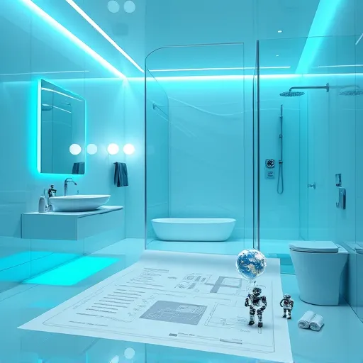 A futuristic bathroom scene illuminated with cool teal, icy blue, and soft white lighting, featuring sleek, high-tech design elements. The environment includes glossy, streamlined surfaces with angular geometric shapes, a minimalist floating vanity, a transparent digital control panel embedded in the wall, and a modern shower enclosure with holographic interface features. Floating luminous orbs add an ethereal glow, reflecting polished chrome and translucent glass materials. In the foreground, a stylized digital blueprint or layered design plans suggest advanced planning and expertise. Quirky details include tiny robot assistants polishing surfaces, a small floating globe representing global contractor networks, and abstract icons for budget, timeline, and materials integrated into the scene. The overall aesthetic is dynamic and innovative, emphasizing sharp lines, movement, and a vibrant, cohesive color palette that highlights the future of bathroom remodeling with themes of technology, professionalism, and curiosity.