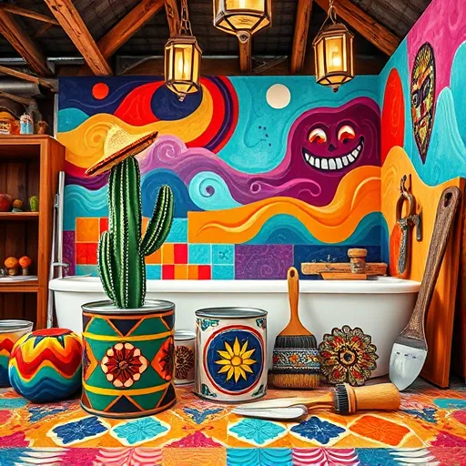 A vibrant, mural-inspired bathroom remodeling scene featuring bold, expressive lines, dynamic compositions, and colorful décor. The foreground displays patterned paint cans with swirling motifs, intricately decorated brushes resembling traditional Mexican textiles, vintage tools like a wrench, and patterned-tiled trowels arranged playfully amidst chaos. Bright tiles with geometric and floral motifs cover the floor and walls, echoing Mexican muralist patterns. Abstract waves of vivid color ripple across the scene, symbolizing creativity and transformation. In the background, a partially painted wall reveals layers of turquoise, fiery orange, and deep purple, accented with stylized indigenous motifs and swirling cloud designs representing renewal. Quirky details include a small cactus wearing a sombrero on a shelf and abstract, smiling masks peeking from behind tools, adding personality and celebration. The rustic workshop features wooden beams and hanging lanterns casting a warm glow, highlighting craftsmanship and cultural pride. Overall, the scene is bursting with contrasting colors, textured patterns, and symbolic elements inspired by Mexican Muralism, creating a lively, culturally rich environment that celebrates artistic home renovation.