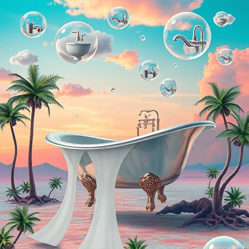 A surreal scene representing the best bathroom remodeling company in Parkland, Florida, featuring a large, shimmering, ornate bathtub floating in a dreamlike landscape. The bathtub has intricate, baroque-style fixtures that appear whimsical and elongated, symbolizing luxury and craftsmanship. Surrounding it are oversized floating tiles with mosaic patterns in soft aqua, coral pink, and lavender, creating a vibrant, calming atmosphere. Stylized palm trees with twisting, exaggerated foliage and roots intertwined with playful, serpent-like pipes highlight plumbing expertise. Floating soap bubbles reflect miniature images of modern bathroom interiors with sleek fixtures, elegant vanities, and lush greenery, adding a whimsical touch. In the background, clouds shaped like showerheads and faucets drift across a warm peach and cool teal sunset sky, blending relaxation with professionalism. The scene combines imaginative, symbolic elements to convey creativity, quality, and innovation in bathroom remodeling, emphasizing excellence and artistic design without human figures.