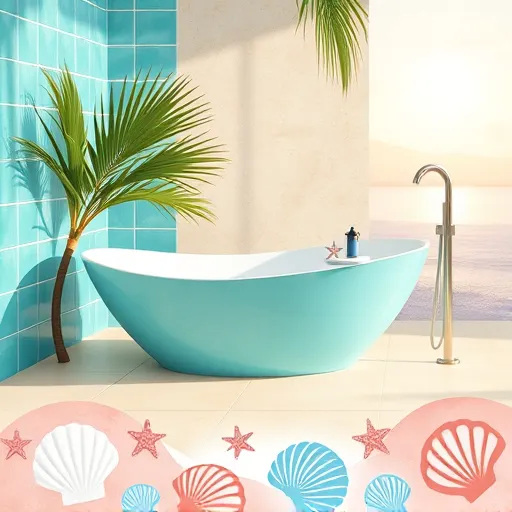 A detailed blog cover image depicting regional bathroom design trends in North Palm Beach, Florida, rendered in a rich Symbolism art style. The scene features a serene coastal ambiance with a gracefully curved seashell-shaped bathtub set among shimmering turquoise tiles that reflect gentle sunlight, conveying luxury and tranquility. Nearby, stylized palm leaves intertwine with wave motifs, symbolizing the coastal environment and adding vibrancy and movement. Warm hues of aquas, sandy beiges, and coral dominate the palette, creating an inviting, breezy beachside retreat vibe. Playful details include a tiny abstract lighthouse on a soap dish, referencing regional lighthouse culture, and starfish-shaped faucet handles adding whimsical charm. Stylized shell and wave patterns at the scene's base evoke natural seaside beauty and fluidity. The background showcases a faint watercolor wash of sunset colors—peach, lavender, and soft mauve—evoking peaceful early evening coastal ambiance. Overall, the composition balances sophistication with playful elements, capturing modern coastal elegance through symbolic imagery, emphasizing serenity and timeless regional allure without human figures.