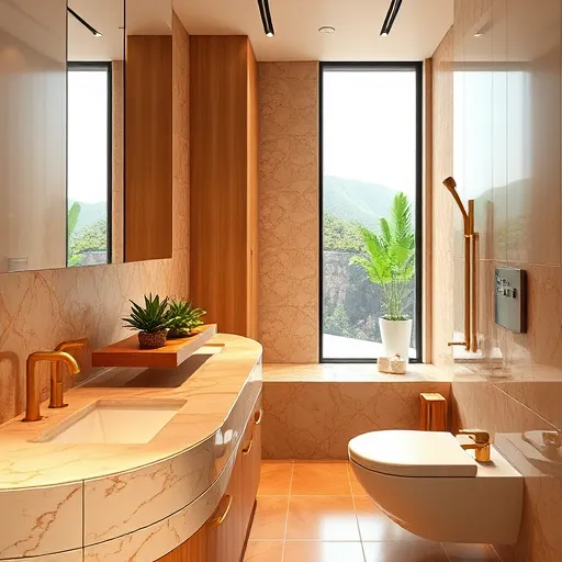 A modern, eco-friendly bathroom featuring polished marble countertops with intricate veining, green bamboo cabinets, and brushed gold faucets. The space includes minimalist wall-mounted toilets and textured mosaic tiles in earthy terracotta, deep green, and soft beige tones, illuminated by warm ambient lighting. Decorative touches include a floating bamboo shelf with tiny succulents and a vintage-inspired soap dispenser shaped like a mountain landscape. Large windows reveal scenic views of rolling hills or coastal cliffs, seamlessly integrating nature into the design. The background showcases regional patterned tiles with floral or geometric motifs, enhancing the cultural aesthetic. The realistic style highlights material textures, reflections on shiny surfaces, and natural light, creating a serene, sophisticated, and eco-conscious atmosphere with a touch of quirky personality.