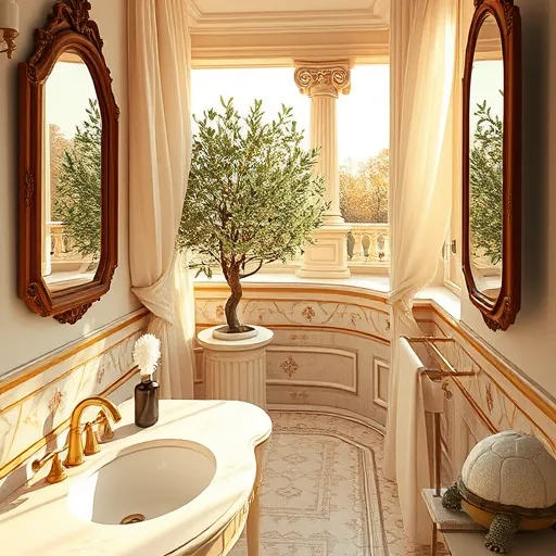 A high Renaissance-style bathroom scene featuring classical architecture and intricate details. The luxurious vintage-inspired bathroom includes ornate marble countertops, gilded accents, and curved porcelain sinks decorated with floral motifs. Soft sunlight filters through light drapes, illuminating mosaic tiles in cream and gold tones. Elegant antique mirrors reflect subtle light, highlighting craftsmanship. A whimsical cherub sculpture atop a mirror holds a tiny paintbrush, while a jovial turtle with a tool belt adds a playful touch. In the background, a classical Roman column stands beside a potted olive tree, blending architecture and nature. A side table displays budget-friendly renovation tools like a vintage paint roller, scrub brush, and energy-efficient bulbs. Warm earth tones—browns, creams, golds—are complemented by green plants, creating an inviting, sophisticated atmosphere that highlights affordable elegance for bathroom upgrades.