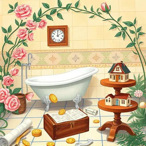 A vibrant, whimsical illustration in the Arts and Crafts Movement style depicting bathroom renovation financing options. The scene features a vintage bathroom with an ornate clawfoot bathtub, an elegant porcelain sink, and detailed tiled walls decorated with stylized floral motifs and geometric borders. Surrounding these elements are symbolic representations of financial choices: a wooden treasure chest overflowing with shining coins and dollar bills, a vintage ledger with handwritten figures, and a tiered wooden stand holding tiny decorative house models with coin slots. Playful details include embedded symbols like miniature paintbrushes, wrench icons, and rolled blueprints entwined with vines and leafy tendrils. The background shows an idyllic garden workshop with trellises of climbing roses and blooming lilies, creating a calm and welcoming atmosphere. Soft pastel shades of forest green, warm ochre, and terracotta dominate the palette, complemented by deep blue and muted gold accents, evoking trust and comfort. The illustration emphasizes handcrafted textures, floral borders, and artisanal craftsmanship, blending traditional design with playful elements to inspire confidence in exploring home renovation financing options.