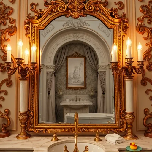 A luxurious yet inviting bathroom scene styled in dramatic Baroque design, featuring intricate gilded mirror frames reflecting an elegant bathroom with shimmering marble surfaces, carved wooden cabinets, and vintage fixtures. Surrounding the mirror, ornate candelabras cast warm, flickering light accentuating detailed textures and craftsmanship. Playful accents include tiny vintage rubber ducks nestled among plush towels and jewel-toned accessories adding vibrant touches. In the background, a grand archway reveals a bathroom blending classic Baroque architecture with modern fixtures, such as sleek faucets and contemporary showers accented by lush floral carvings. Decorative elements like tasseled curtains and whimsical cherub statues holding modern cleaning supplies mix old-world glamour with contemporary practicality. The scene conveys a sense of affordable luxury with rich colors, elaborate details, and contrasts that inspire confidence in stylish, budget-friendly bathroom renovations.