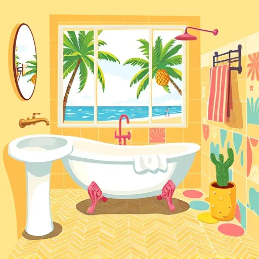 A vibrant ArtBrut-style illustration of an affordable bathroom remodel in Boynton Beach, Florida. The cheerful bathroom features exaggerated, naive shapes such as oversized faucets, whimsical tile patterns, and a quirky curved bathtub. Bright, warm tones of sunny yellow, ocean blue, and coral pink create a tropical Florida vibe. A sunlit window reveals lush palm trees and a glimpse of the beach outside. Inside, playful details include a pineapple-shaped soap dish, a wave-patterned towel rack, and a smiling potted cactus. Bold zigzag patterned flooring and abstract, uneven tile walls showcase creative, budget-friendly design. The rough handmade texture emphasizes raw sincerity, suggesting a DIY feel. Overall, the scene exudes cheerfulness and optimism, highlighting an approachable, fun, and cost-effective bathroom transformation perfect for inspiring viewers about affordable home upgrades.