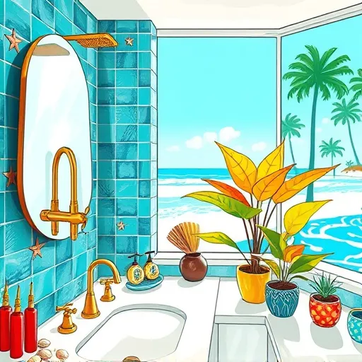 A vibrant ArtBrut-style illustration of a luxurious bathroom remodel on Singer Island, Florida. The scene features bold, raw brushstrokes and contrasting vivid colors that evoke excitement and freshness. Modern fixtures include sun-kissed golden faucets, a shimmering glass shower with ocean-blue tiles, and an organically shaped mirror resembling a wave, highlighting coastal charm. The walls display abstract coral and seaweed motifs rendered with energetic strokes, blending seamlessly into the environment. Playful details include cartoonish starfish and seashells subtly embedded in the tile patterns, alongside a lively oversized potted palm leaning near the window. The window reveals a stylized view of turquoise waves and sandy beaches, emphasizing the tropical setting. The bathroom counter features quirky, colorful accessories such as patterned soap dispensers and eccentric potted plants, adding personality. In the background, bold, simplified palm trees sway outside, reinforcing the tropical atmosphere. The overall mood is upbeat, fresh, and inviting, capturing the vibrant essence of a top-rated coastal bathroom remodel with a bright turquoise, sunny yellow, coral red, and white palette, accentuated by energetic black outlines typical of ArtBrut art.
