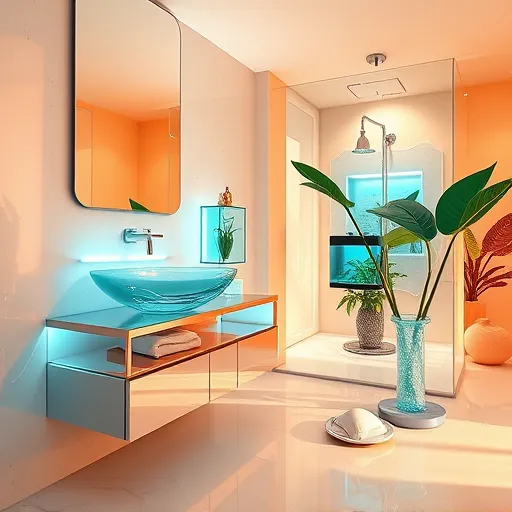 A vibrant, highly stylized conceptual artwork illustrating an upscale bathroom remodeling scene in Parkland, Florida. The image features a floating, sleek bathroom vanity with shimmering glass surfaces, modern chrome fixtures, and ambient LED lighting emitting a soft glow. Tropical motifs, such as oversized leaves and lush plant elements, intertwine with the bathroom features to evoke Florida’s natural environment. A futuristic transparent shower enclosure with gentle water cascade highlights cutting-edge design, complemented by a marine-inspired saltwater aquarium embedded in the wall. The background depicts an open, airy spa-like space with warm golden tones accented by teal and coral hues, creating a coastal, relaxed atmosphere. Soft shadows and reflections add depth, while subtle geometric patterns and flowing lines emphasize modern innovation. Small whimsical details include a floating soap dish with a tiny animated butterfly and abstract seashell sculptures, enhancing the playful yet professional aesthetic. The overall scene combines luxury and imaginative design with a color palette of aquamarine, blush pink, sandy beige, and metallic silvers, embodying an elegant, coastal-inspired style in a conceptual art form.