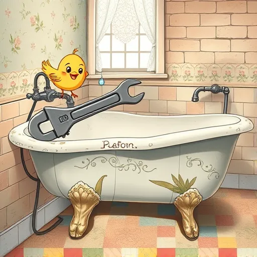 A charming FolkArt-style illustration of a vintage bathroom featuring a weathered porcelain sink with peeling paint, topped with a large, whimsical wrench. The scene includes a retro clawfoot bathtub decorated with floral decals and intricate scrollwork, set against a textured brick wall with painted floral motifs. A cheerful, animated pipe wrench with a broad smile and googly eyes is gripping a crooked pipe, while a playful water droplet with expressive eyes and a mischievous grin bounces in mid-air, symbolizing water flow. The background showcases aged wallpaper in soft pastel shades of blue, beige, and coral, with a lace-curtained window allowing warm light to cast dappled shadows. Tiny patchwork repair signs decorate the pipes, and a curious bird perches atop the faucet, inspecting the scene. The illustration employs bold outlines, intricate FolkArt patterns, and a cozy, nostalgic color palette, capturing a playful, vintage charm perfect for illustrating bathroom repairs with personality and whimsical detail.