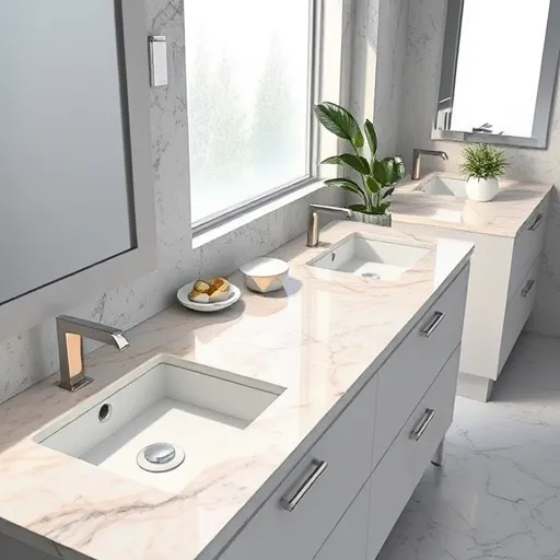 A highly detailed hyperrealistic illustration of a modern bathroom vanity display featuring a variety of quartz countertops. The countertops showcase intricate natural veining and subtle color variations, including soft pastel pinks, warm beiges, cool grays, and bold black marbles. The scene is set in a luxurious boutique-style environment, illuminated by gentle natural light streaming through a frosted glass window, creating delicate shadows and emphasizing surface textures. Decorative touches include tiny whimsical objects such as a miniature potted succulent, a vintage brass soap dispenser, and a geometric soap dish, adding playful personality. The background reveals a sleek, minimalist bathroom with marble wall accents, polished chrome fixtures, and lush green foliage from potted plants, highlighting elegance and tranquility. The overall color palette combines warm neutrals, cool tones, and soft pastels, emphasizing the durability and aesthetic appeal of quartz surfaces, perfect for inspiring upscale bathroom renovation ideas.