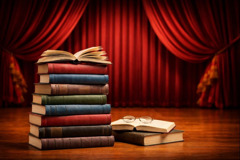 Stack of books in front of a curtain