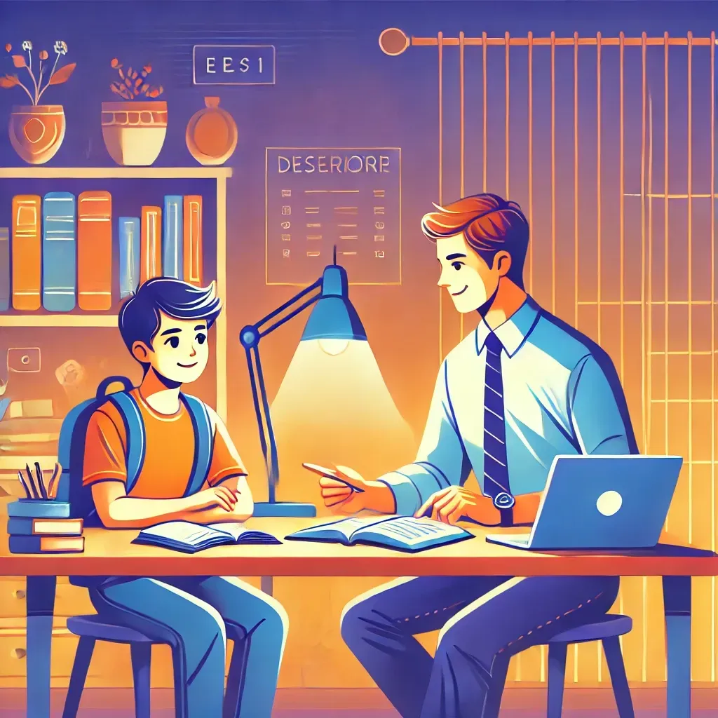 Image of a tutor sitting with a student under a warm light