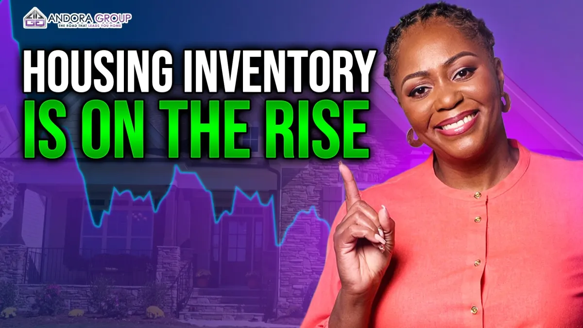 purple background with picture of graph and Mellanda Reese pointing to wording - Housing Inventory is on the Rise 