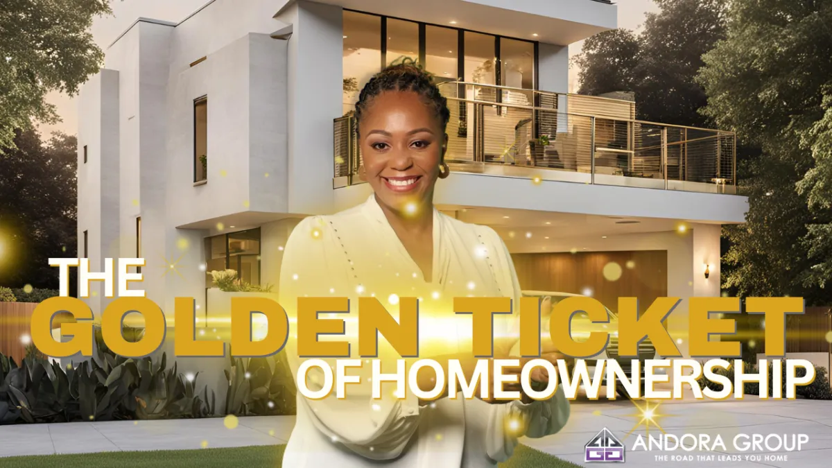 White modern house with Mellanda Reese and the golden ticket of homeownership written across