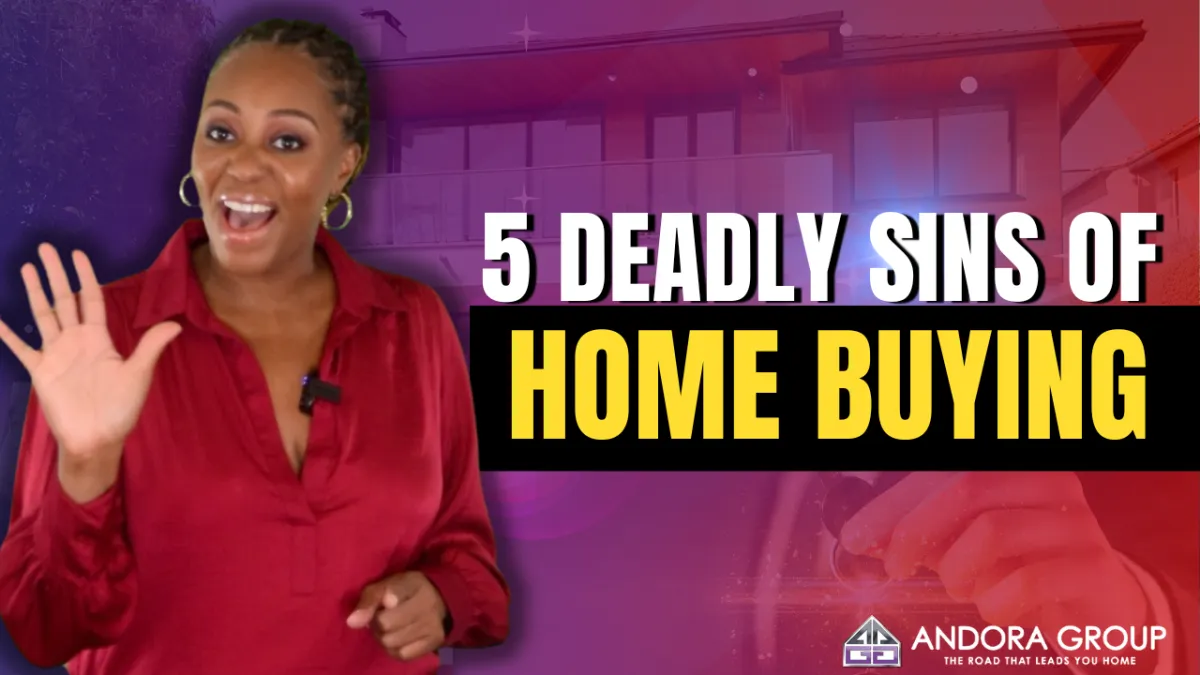 house background with mellanda reese 5 deadly sins of buying a home red background with white and yellow writing
