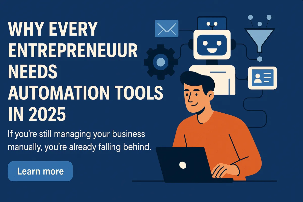 Flat design blog header illustration showing business automation tools, charts, gears, and system dashboards—ideal for articles on automating workflows in 2025.