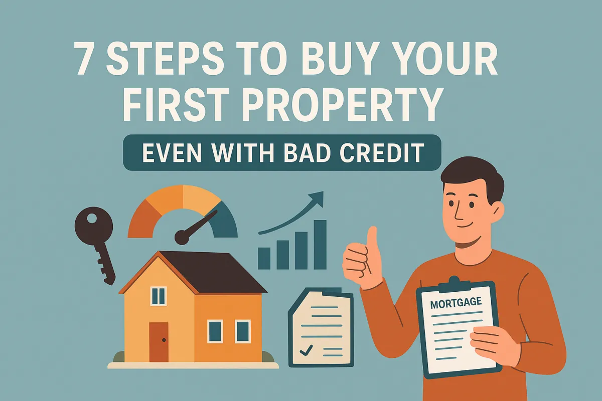 Flat-style digital illustration showing a diverse first-time homebuyer couple reviewing property documents, surrounded by real estate icons like credit scores, loan approval, and house keys — visually representing the journey of buying a home with bad credit.