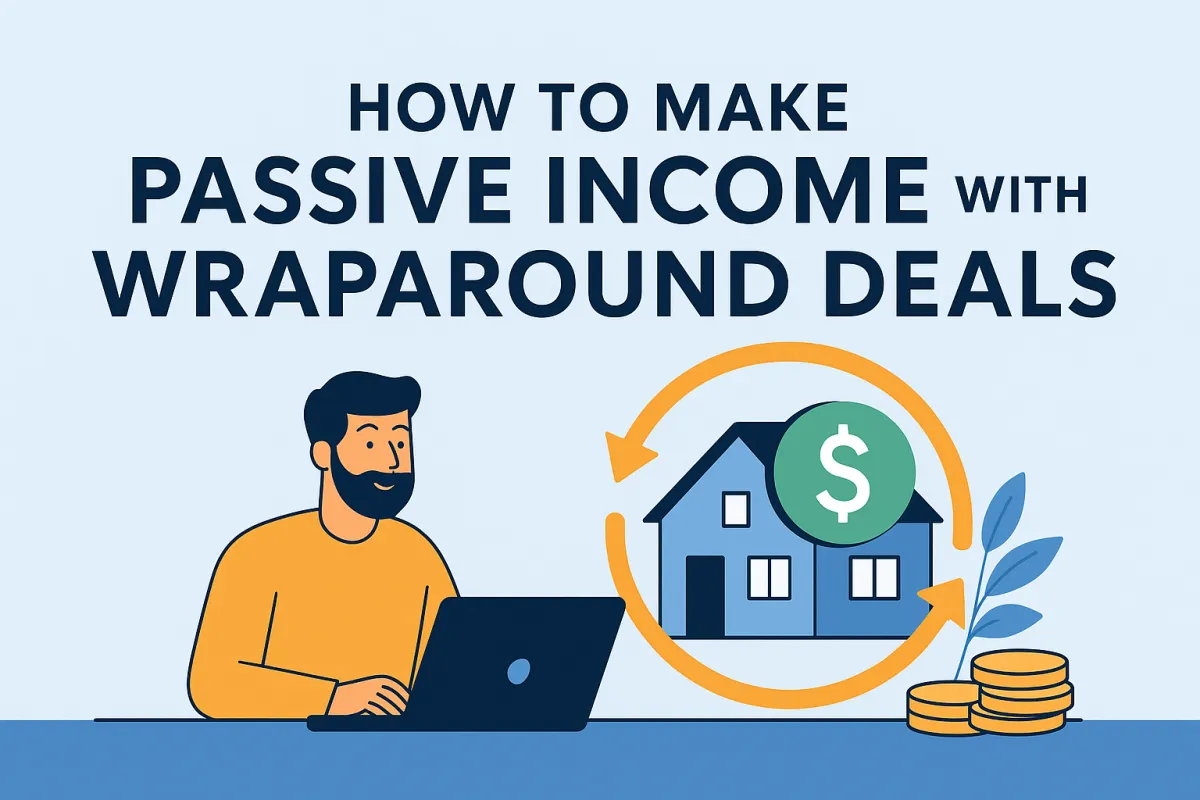 Flat-style digital illustration of a real estate investor reviewing passive income strategies with charts, houses, and financial icons—ideal for a blog post about wraparound mortgage deals and real estate investing. Ask ChatGPT