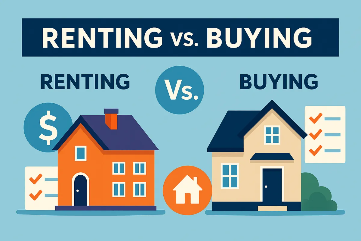 Modern digital illustration comparing renting and buying a home, featuring two houses side by side with money icons and checklists, representing real estate decisions in today’s market.